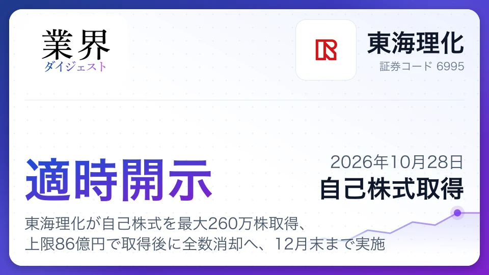 東海理化が自己株式を最大260万株取得、上限86億円で取得後に全数消却へ、12月末まで実施