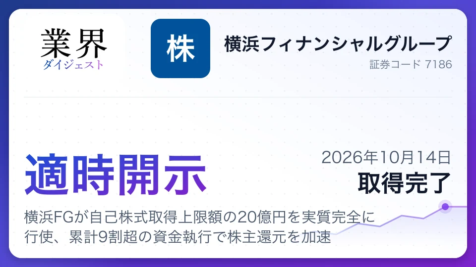 横浜FGが自己株式取得上限額の20億円を実質完全に行使、累計9割超の資金執行で株主還元を加速