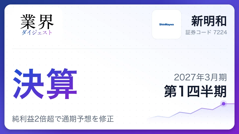 新明和、2027年3月期第1四半期決算、純利益2倍超で通期予想を修正