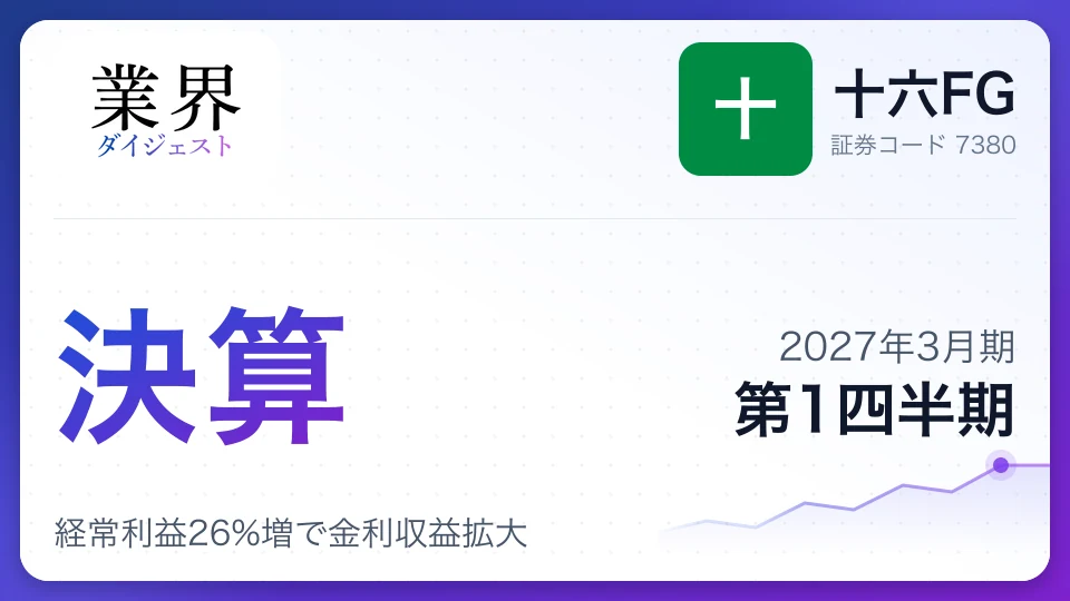 十六FG、2027年3月期第1四半期決算、経常利益26%増で金利収益拡大