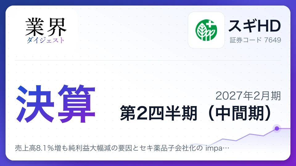 スギHD、2027年2月期第2四半期決算、売上高8.1%増も純利益大幅減の要因とセキ薬品子会社化の impact