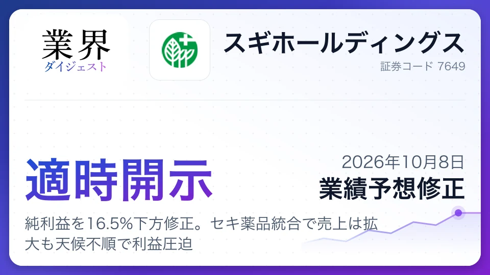 スギHD、2027年2月期通期純利益を16.5%下方修正。セキ薬品統合で売上は拡大も天候不順で利益圧迫