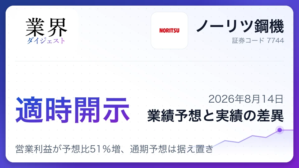 ノーリツ鋼機、2026年12月期中間期営業利益が予想比51%増、通期予想は据え置き