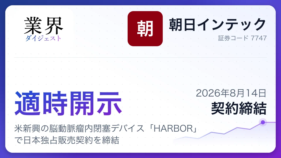 朝日インテック、米新興の脳動脈瘤内閉塞デバイス「HARBOR」で日本独占販売契約を締結