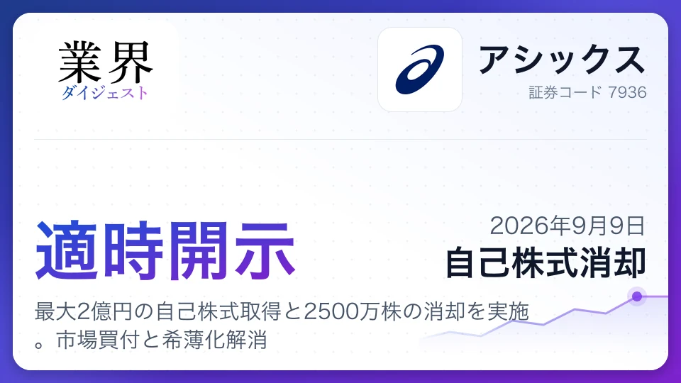 アシックス、最大2億円の自己株式取得と2500万株の消却を実施。市場買付と希薄化解消