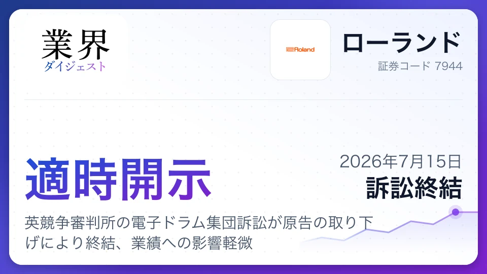 ローランド、英競争審判所の電子ドラム集団訴訟が原告の取り下げにより終結、業績への影響軽微