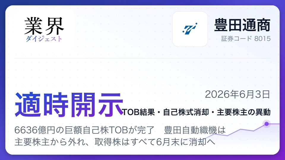 豊田通商、6636億円の巨額自己株TOBが完了 豊田自動織機は主要株主から外れ、取得株はすべて6月末に消却へ