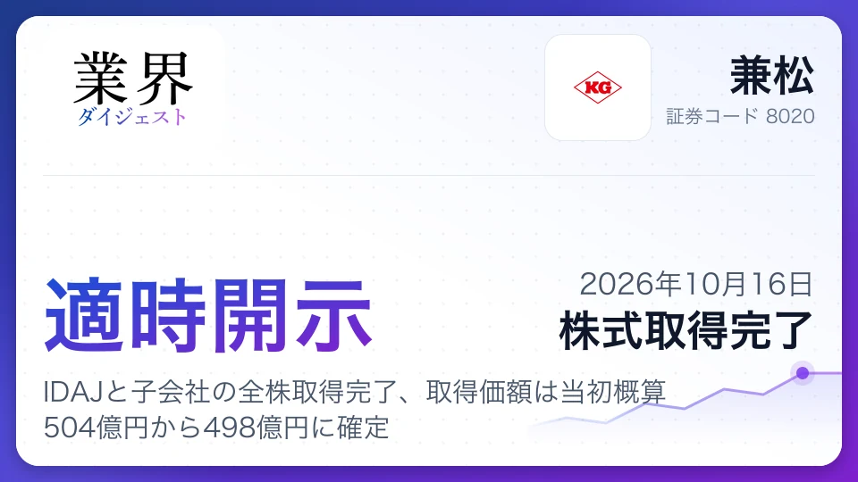 兼松、IDAJと子会社の全株取得完了、取得価額は当初概算504億円から498億円に確定