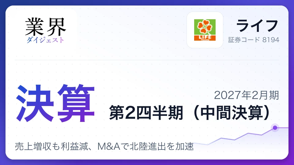 ライフ、2027年2月期第2四半期決算、売上増収も利益減、M&Aで北陸進出を加速
