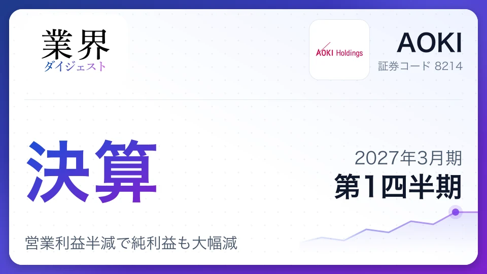 AOKI、2027年3月期第1四半期決算、営業利益半減で純利益も大幅減