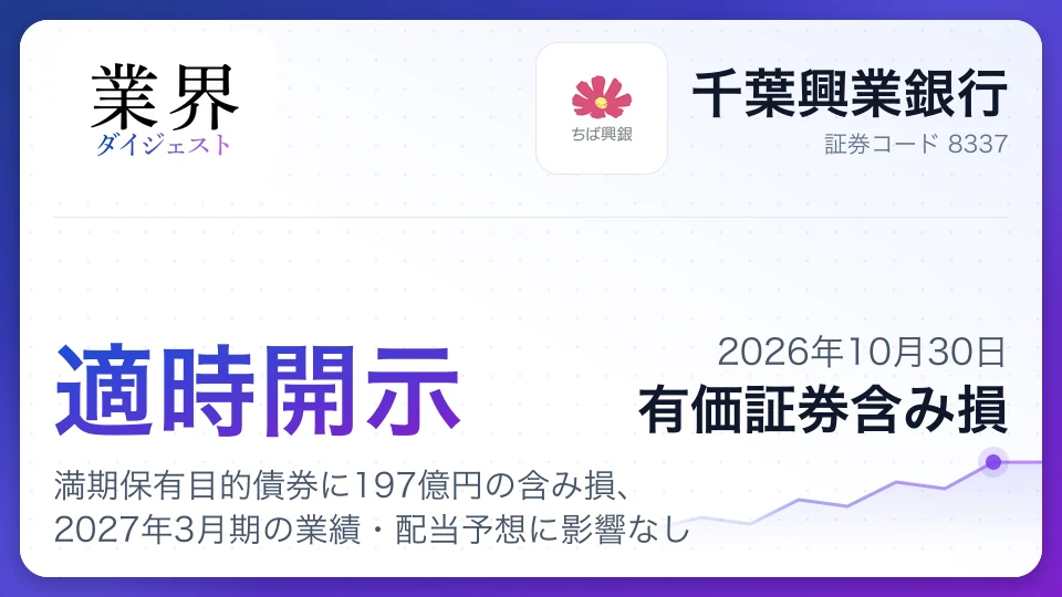 Chiba Kogyo Bank: ¥19.685bn bond loss, forecasts unchanged
