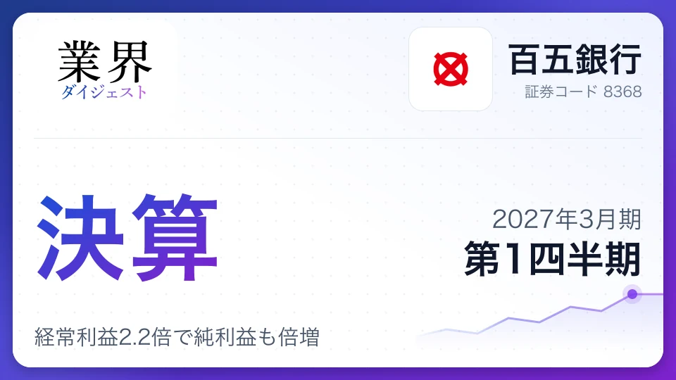 百五銀行、2027年3月期第1四半期決算、経常利益2.2倍で純利益も倍増