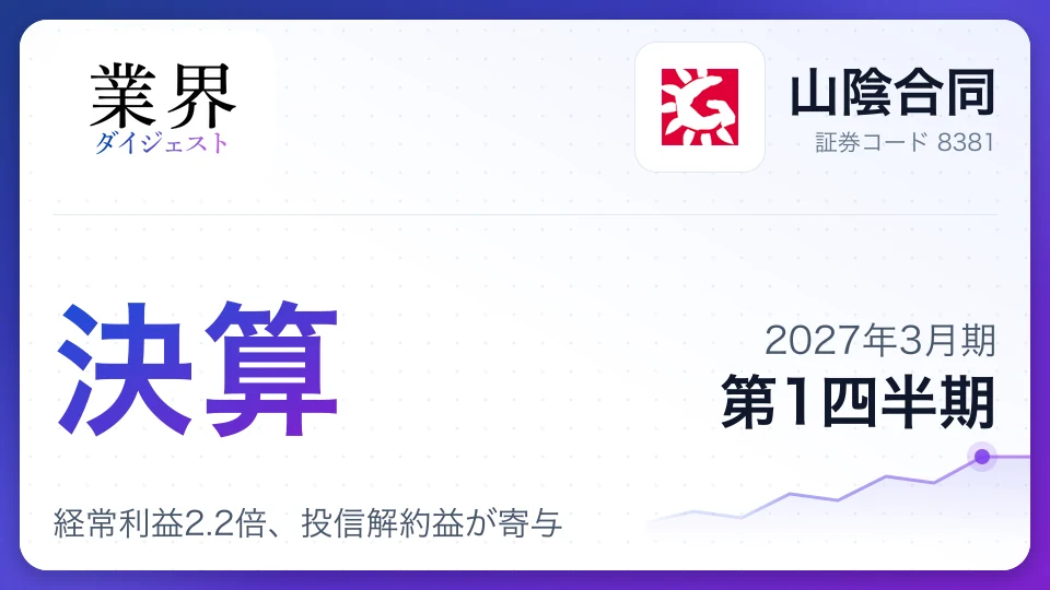 山陰合同、2027年3月期第1四半期決算、経常利益2.2倍、投信解約益が寄与