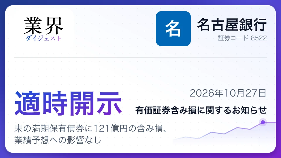 名古屋銀行、2027年3月期第2四半期末の満期保有債券に121億円の含み損、業績予想への影響なし