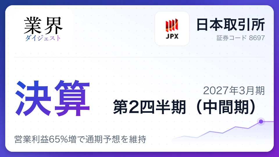 日本取引所、2027年3月期第2四半期決算、営業利益65%増で通期予想を維持