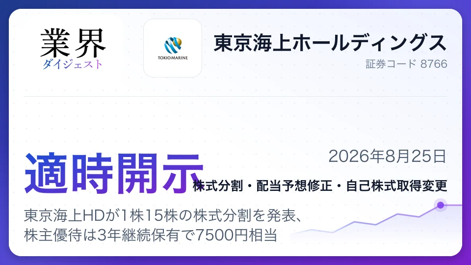 東京海上HDが1株15株の株式分割を発表、株主優待は3年継続保有で7500円相当