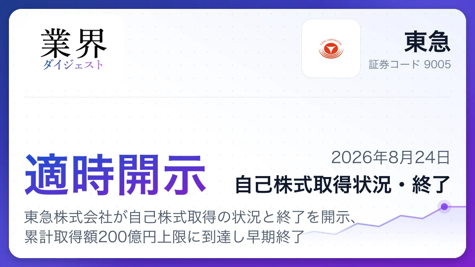 東急株式会社が自己株式取得の状況と終了を開示、累計取得額200億円上限に到達し早期終了