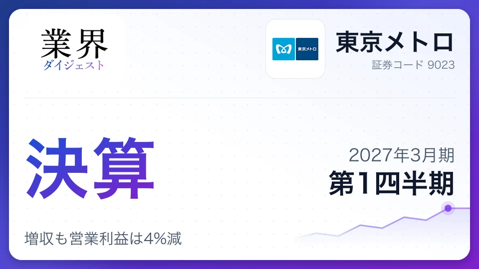 東京メトロ、2027年3月期第1四半期決算、増収も営業利益は4%減