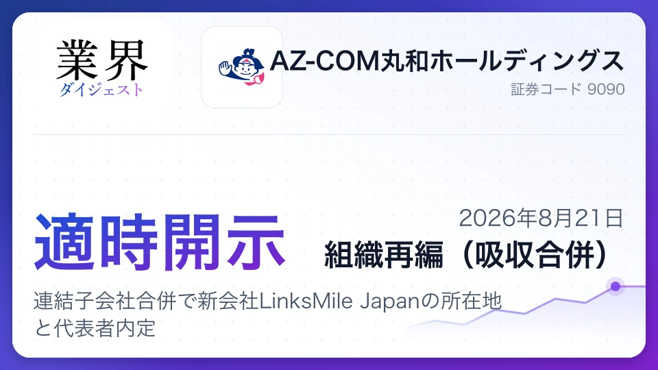 AZ-COM丸和HD、連結子会社合併で新会社LinksMile Japanの所在地と代表者内定