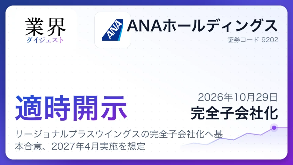 ANAホールディングス、リージョナルプラスウイングスの完全子会社化へ基本合意、2027年4月実施を想定