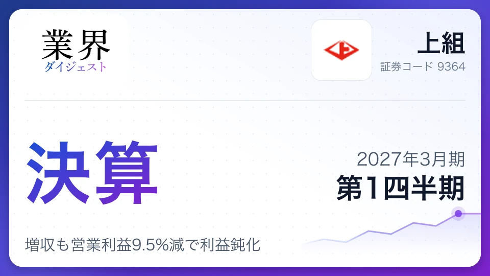 上組、2027年3月期第1四半期決算、増収も営業利益9.5%減で利益鈍化