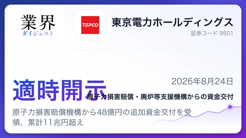 東京電力HD、原子力損害賠償機構から48億円の追加資金交付を受領、累計11兆円超え
