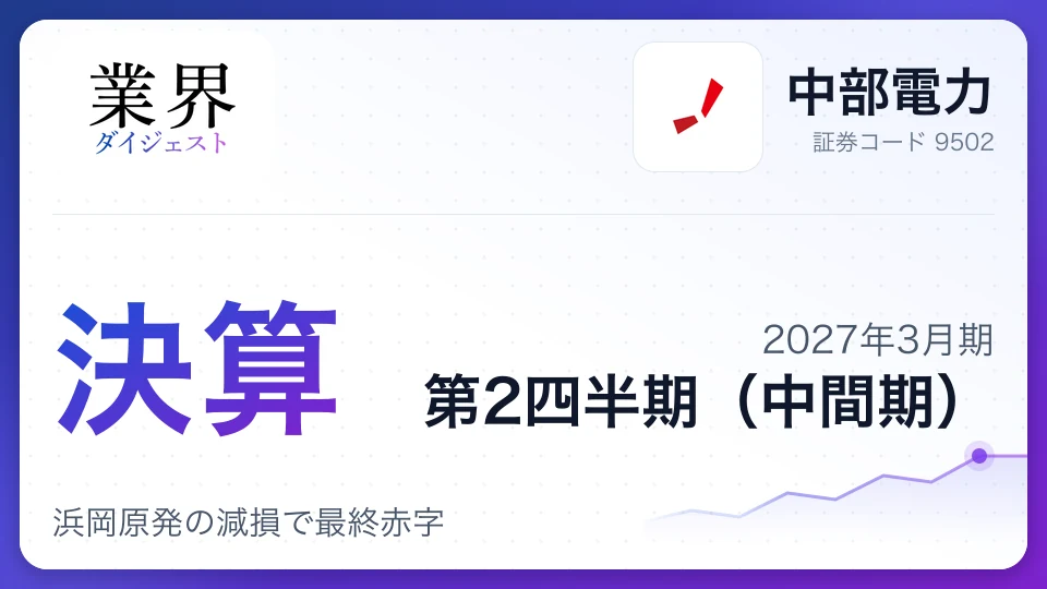 中部電力、2027年3月期第2四半期決算、浜岡原発の減損で最終赤字