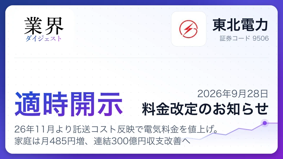 東北電力、26年11月より託送コスト反映で電気料金を値上げ。家庭は月485円増、連結300億円収支改善へ