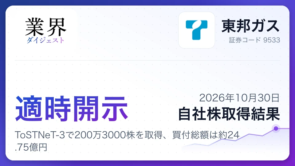 東邦ガス、ToSTNeT-3で200万3000株を取得、買付総額は約24.75億円