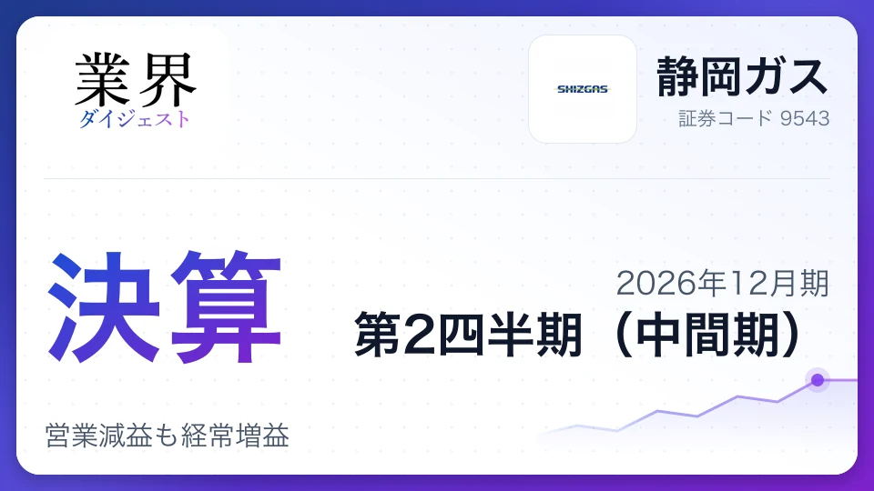 静岡ガス、2026年12月期第2四半期決算、営業減益も経常増益