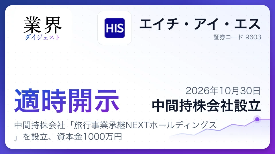 HIS: Sets up travel succession holding company with ¥10m capital