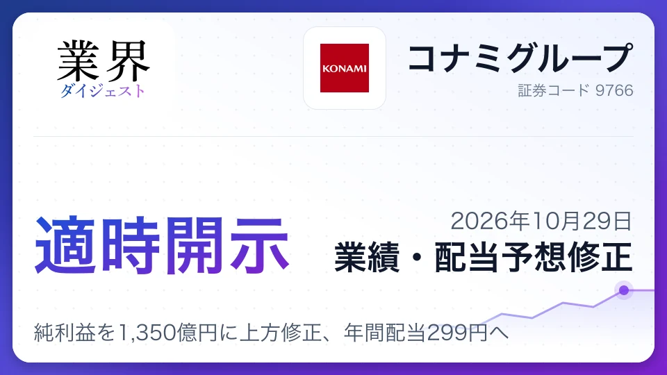 コナミグループ、2027年3月期純利益を1,350億円に上方修正、年間配当299円へ