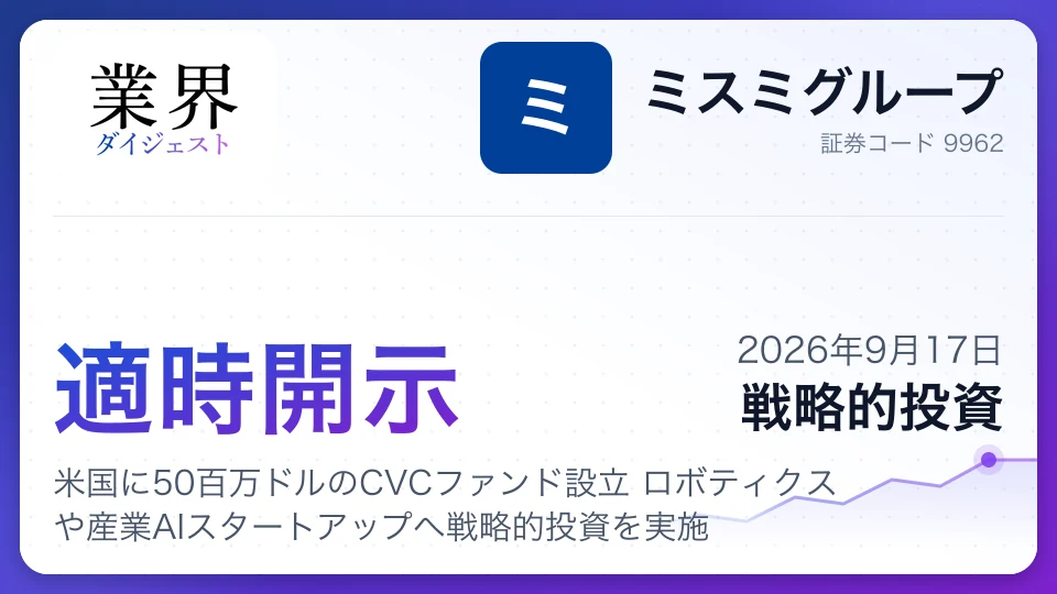 ミスミ、米国に50百万ドルのCVCファンド設立 ロボティクスや産業AIスタートアップへ戦略的投資を実施