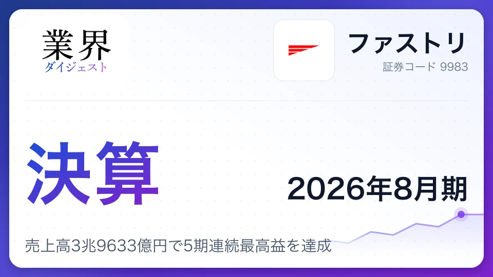 ファストリ、2026年8月期通期決算、売上高3兆9633億円で5期連続最高益を達成